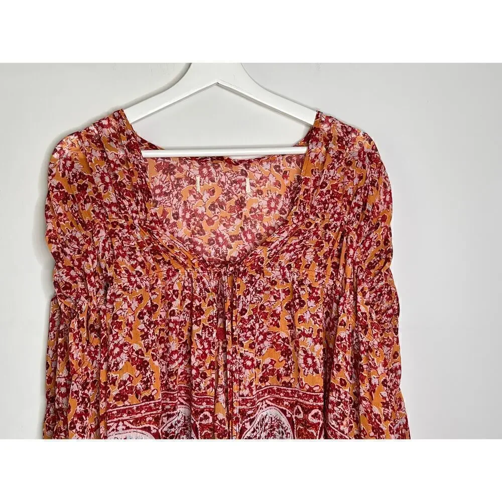 Free People Lorraine Tiered Tie Front Kimono Blouse Top Red/Yellow Womens Size M